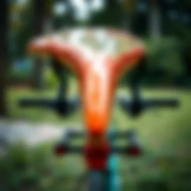 Close-up of a surfboard secured in a bike rack