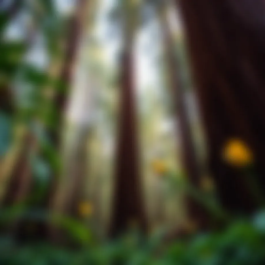 A close-up view of redwood trees in a lush forest setting, showcasing their grandeur and natural beauty.