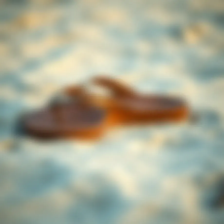 Elegant Sanuk Yoga Joy flip flops laid on a sandy beach