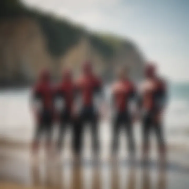 A group of watersport enthusiasts wearing Spiderman wetsuits at a beach