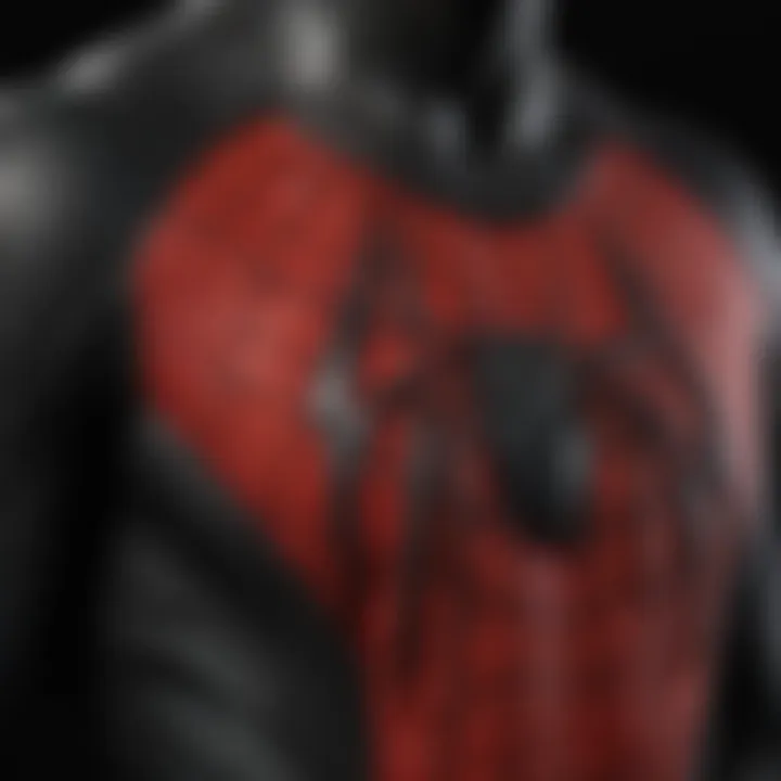 Close-up of the fabric texture and stitching of a Spiderman wetsuit