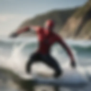 A surfer in a Spiderman wetsuit riding a wave with agility and style