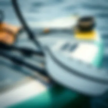 Close-up of essential gear for stand up bodyboarding, including a board and paddles