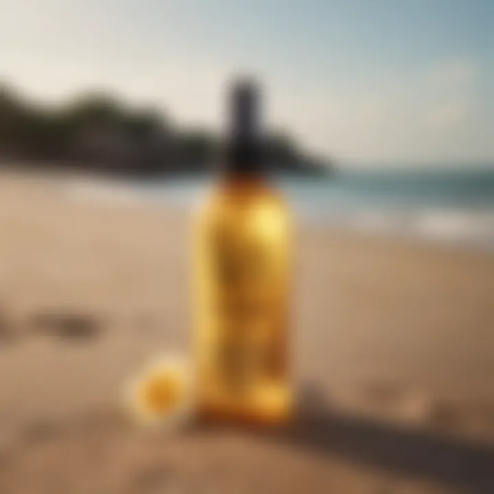 A bottle of Sun Bum Anti Frizz Oil Mist on a beach setting