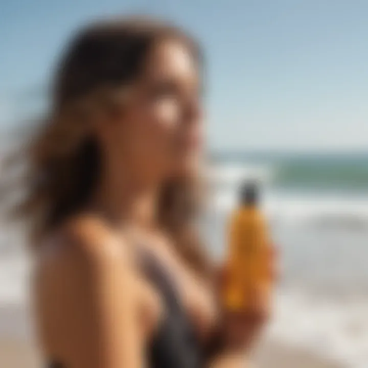 A surfboard and Sun Bum Anti Frizz Oil Mist on the shore