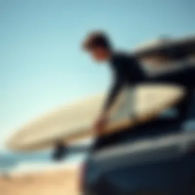Surfer securing surfboard with tie down straps on a vehicle