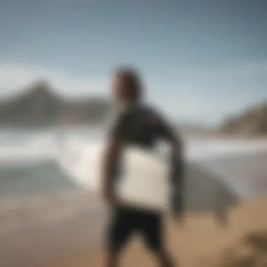 A surfer effortlessly carrying a surfboard with a stylish strap