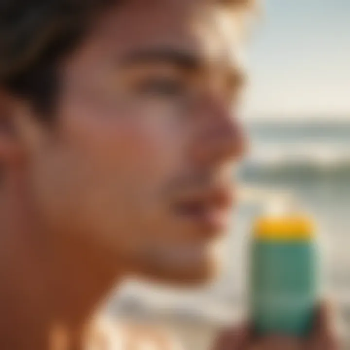 A surfer applying Sun Bum lip balm before hitting the waves