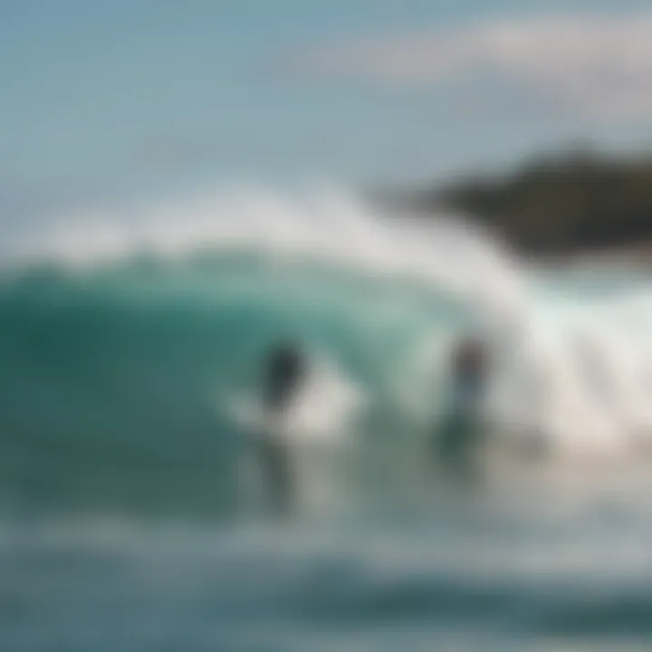 A group of surfers catching waves together