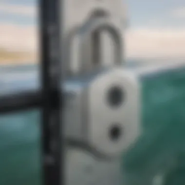 Close-up of a durable key lock designed for surfers