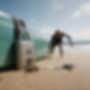 A surfer securing belongings with a key lock on the beach