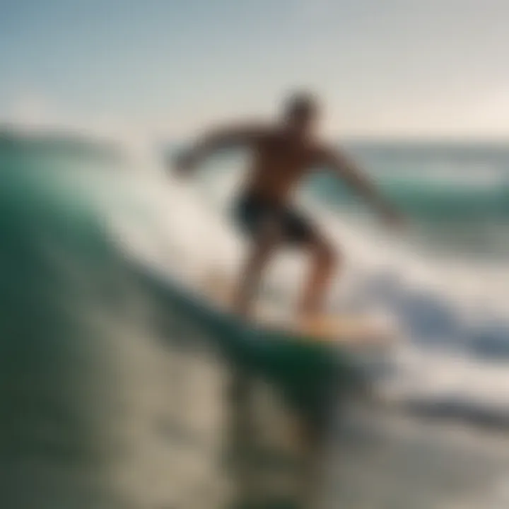 An action shot of a surfer gliding over waves on a Meyer skimboard.