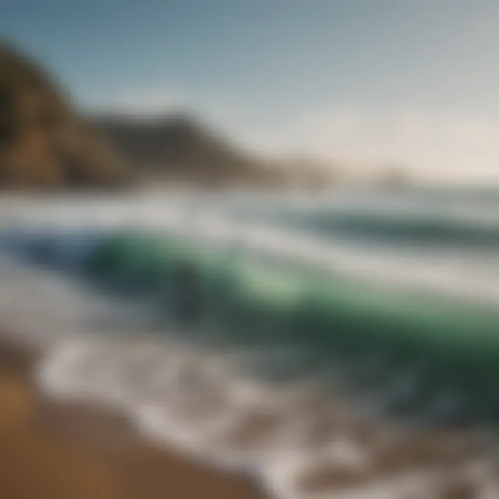 Surfers catching waves at La Punta beach with an idyllic backdrop.