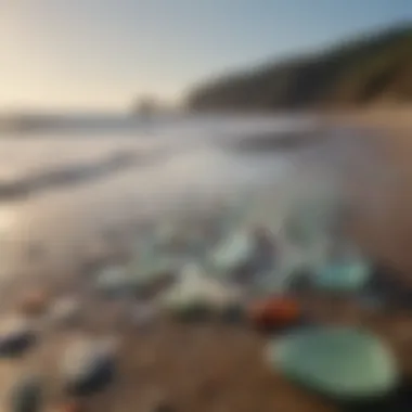 A serene coastal scene with waves gently washing over sea glass on the shore