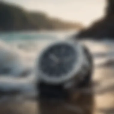 Analog surf watch against a backdrop of ocean waves