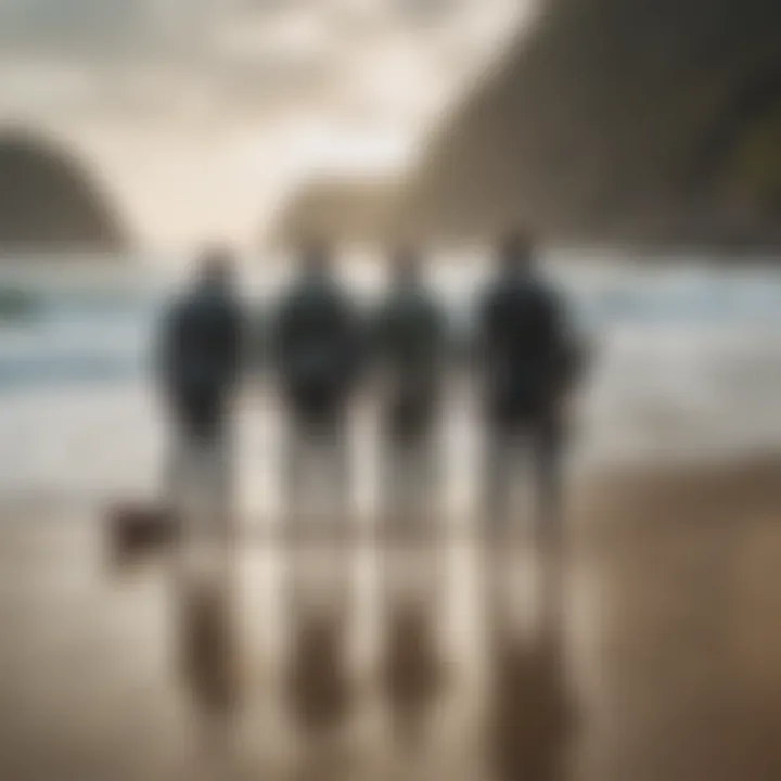 Group of surfers discussing gear before heading out