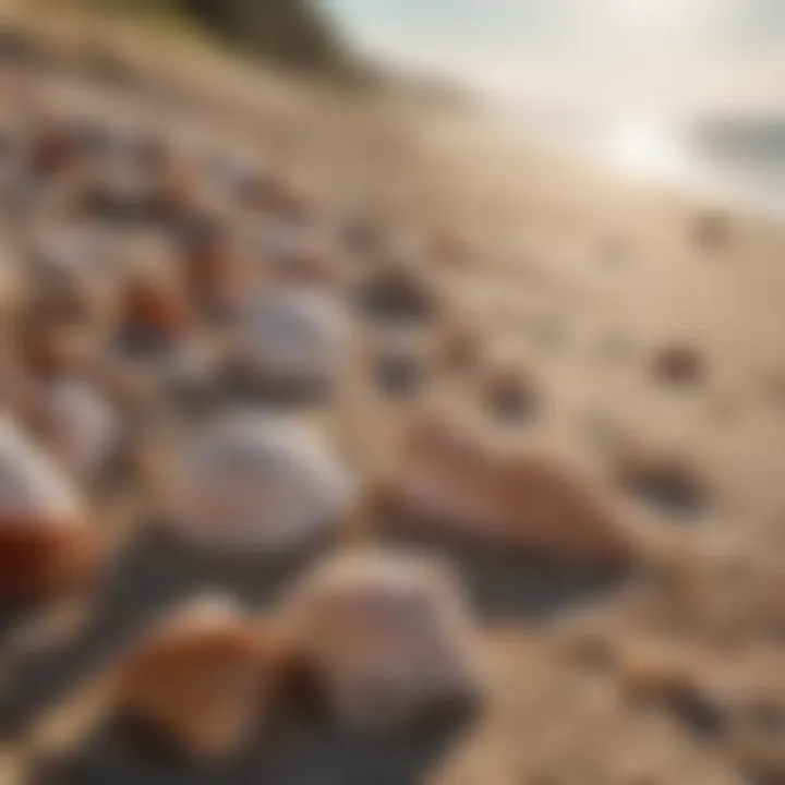 Close-up of seashells on sandy shore with ocean background