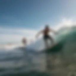 Dynamic action shot of double boogie boarding in the waves.