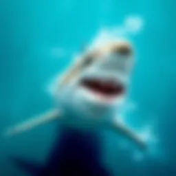 A majestic great white shark gliding through clear blue waters