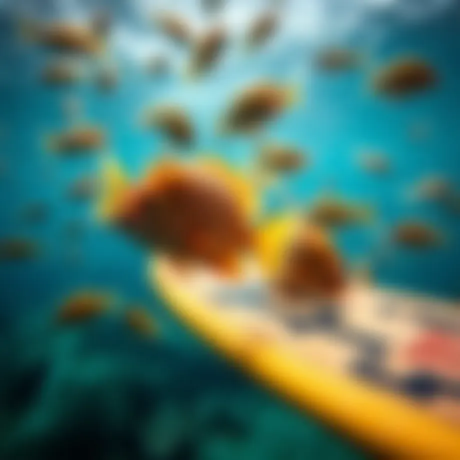 A vibrant underwater scene showcasing various fish species swimming near surfboards.