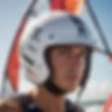 A close-up of a modern windsurfing helmet showcasing its sleek design and safety features.