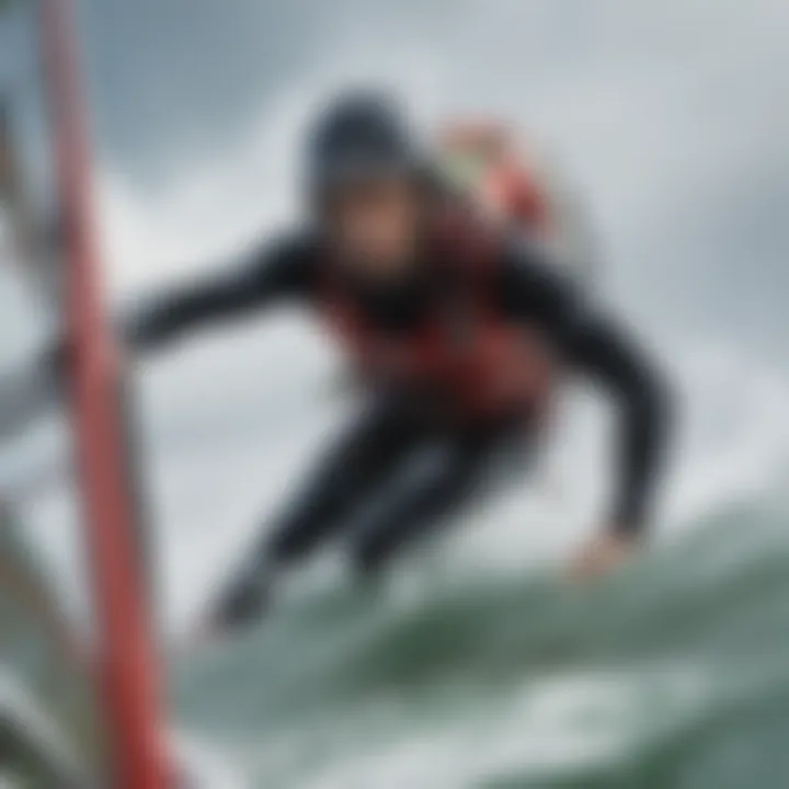 A windsurfer navigating challenging waters while wearing a helmet, emphasizing safety in action.