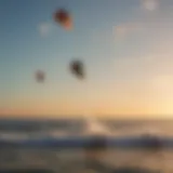 A dynamic perspective of kites soaring above the water