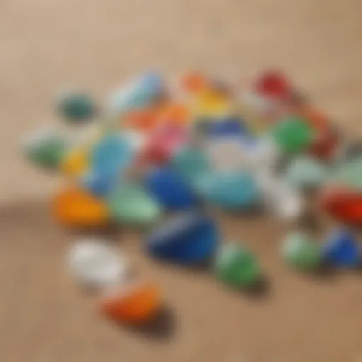 Close-up of colorful sea glass pieces washed up on a sandy beach