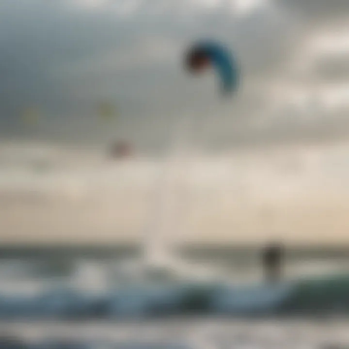 An action shot of kiteboarders riding waves, demonstrating kite performance in varying conditions