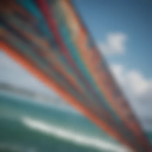 A close-up view of a kiteboard kite showcasing its intricate design and stitching