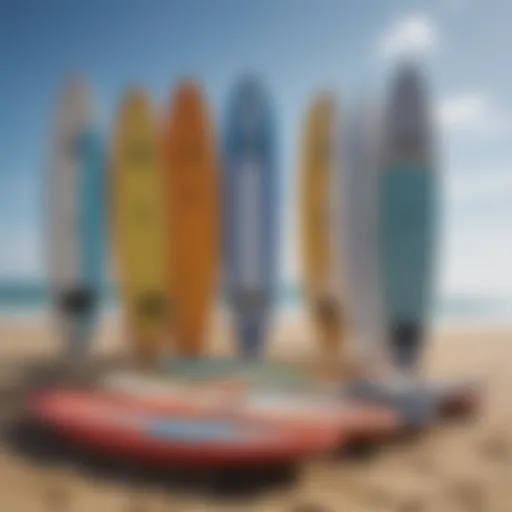 A variety of paddle boards displayed on a sunny beach