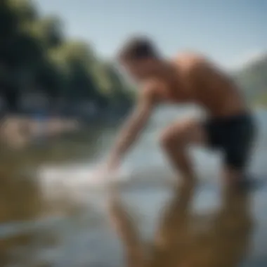 Assessing Water Conditions for Optimal Performance Athlete checking water temperature before a competition