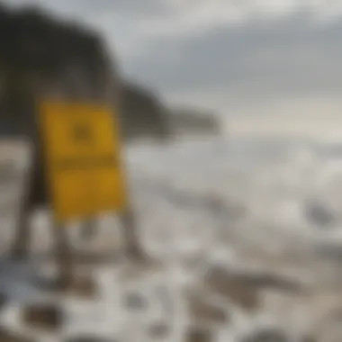 Illustration of beachgoers observing rip tide warning signs for safety.