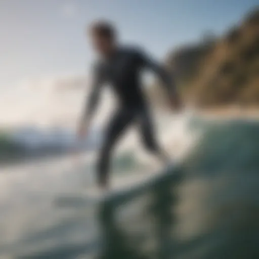 A surfer demonstrating the use of a surf leash while riding a wave