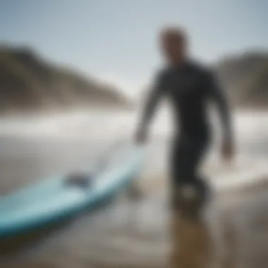 Surfer demonstrating leash attachment on a surfboard