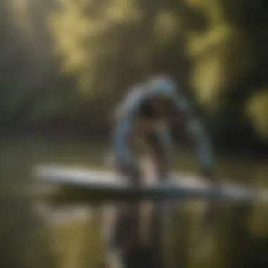 Person mastering techniques on a prone foil board in a serene setting