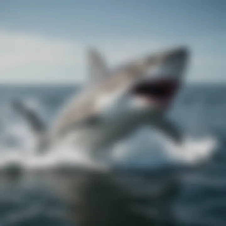 Great white shark breaching the surface of the water