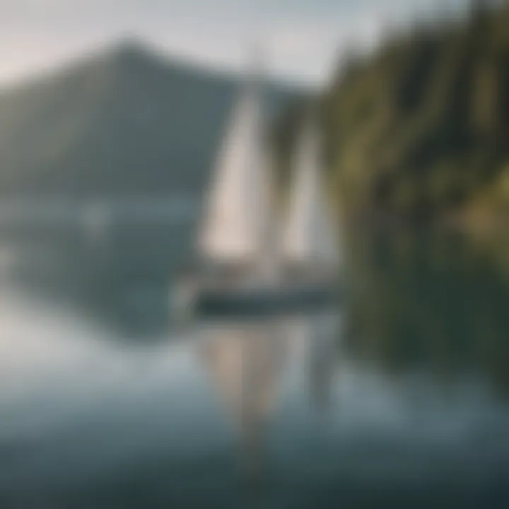 A serene lake setting with sailboats adjusting their sails according to the wind.