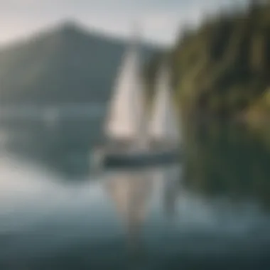 Sailboats Adjusting to Wind A serene lake setting with sailboats adjusting their sails according to the wind.