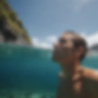 A serene ocean view with a swimmer practicing breath control