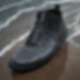 A close-up of wetsuit footwear showcasing unique textures