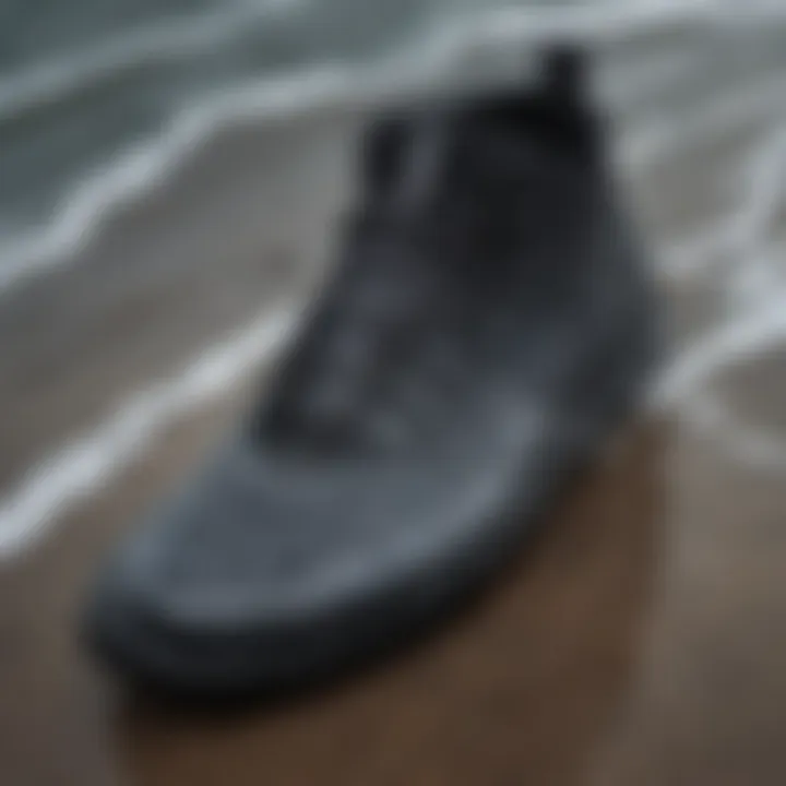 A close-up of wetsuit footwear showcasing unique textures