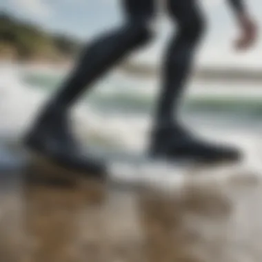 A person wearing wetsuit shoes while surfing