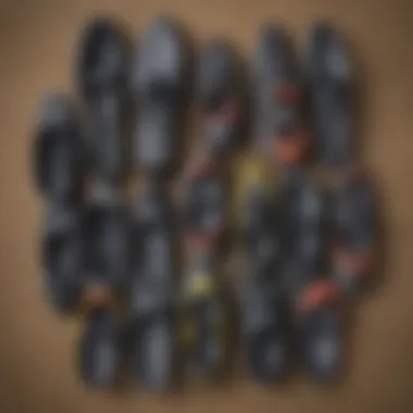 A variety of wetsuit shoe styles arranged neatly