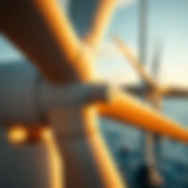 Close-up of wind turbine harnessing energy for water sports